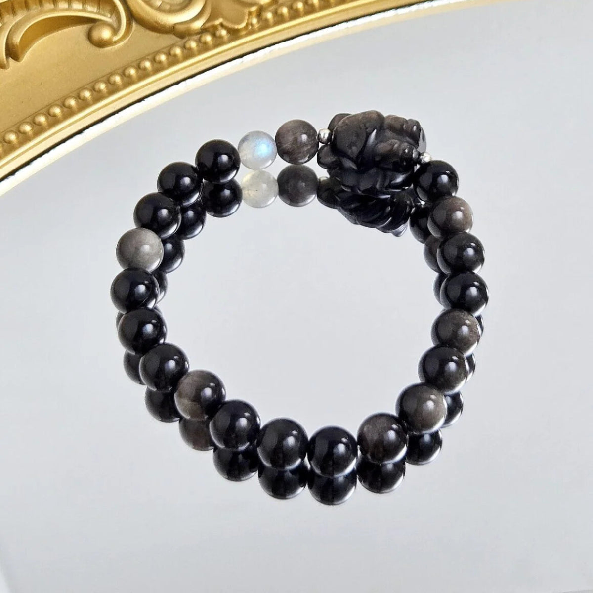 Enchanted Power – Silver Sheen Obsidian and Nine-Tailed Fox Charm Bracelet