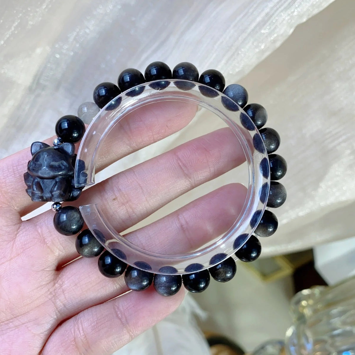Enchanted Power – Silver Sheen Obsidian and Nine-Tailed Fox Charm Bracelet