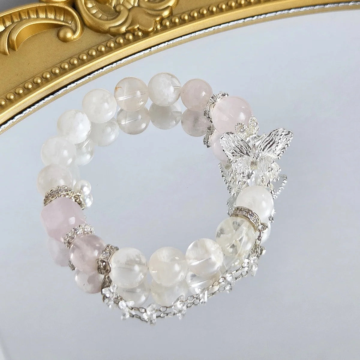 Dreamy Frost – Snowflake Phantom Quartz & Rose Quartz Bracelet