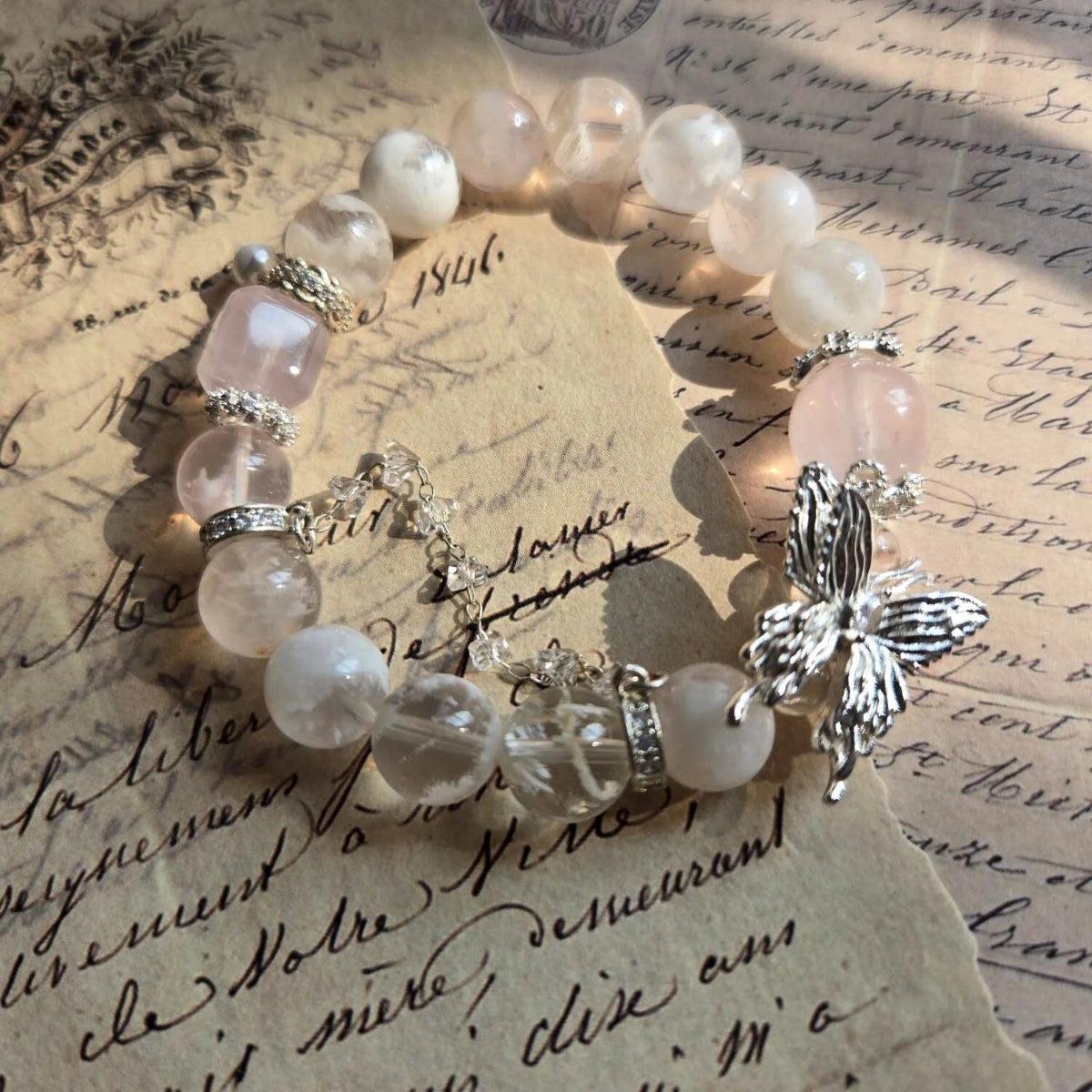 Dreamy Frost – Snowflake Phantom Quartz & Rose Quartz Bracelet