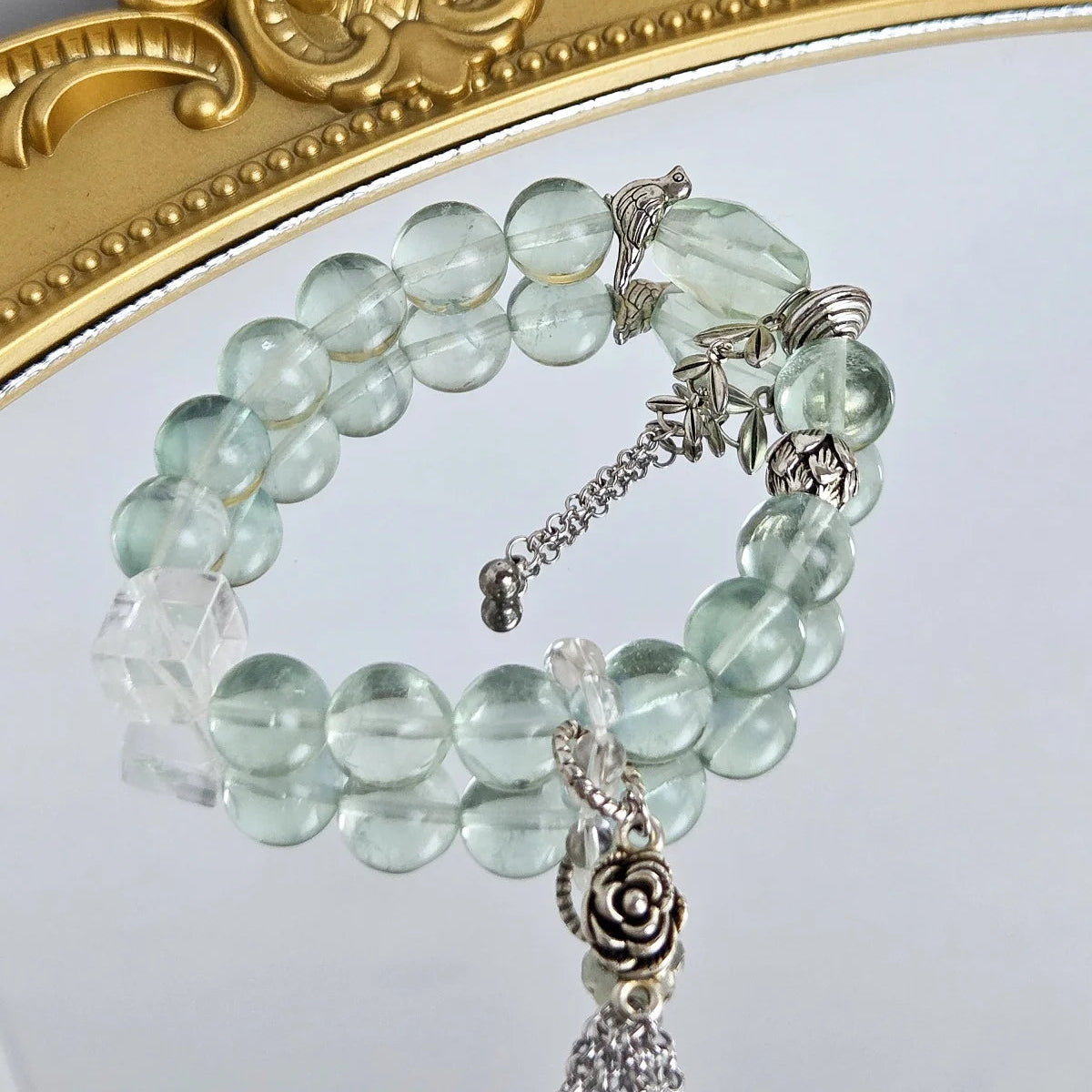 Elegant Green Fluorite and White Crystal Bracelet with Silver Rose Charm