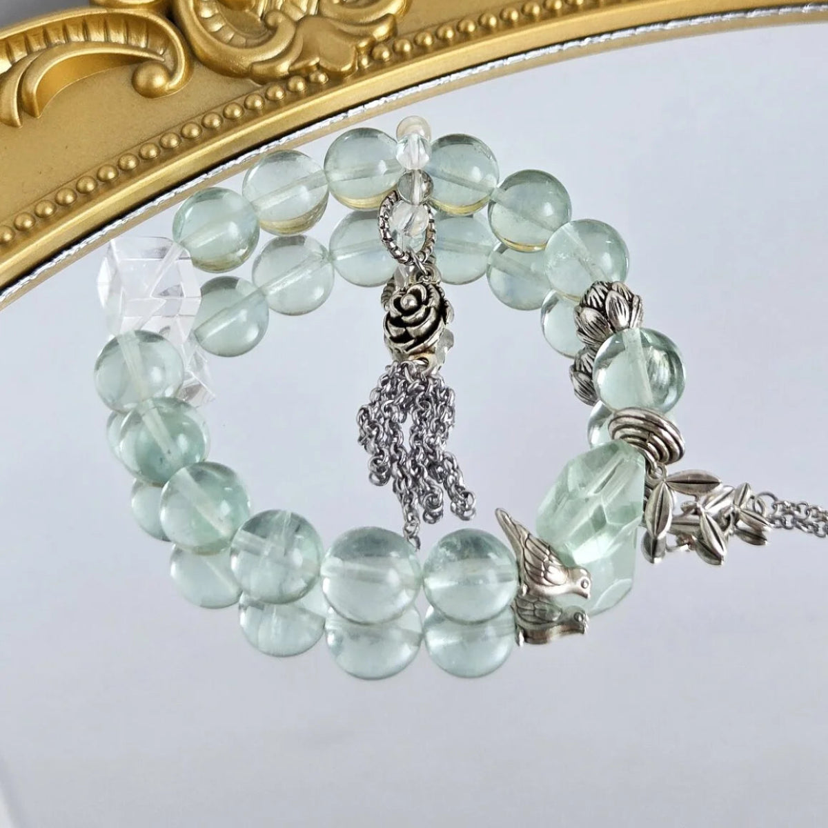 Elegant Green Fluorite and White Crystal Bracelet with Silver Rose Charm