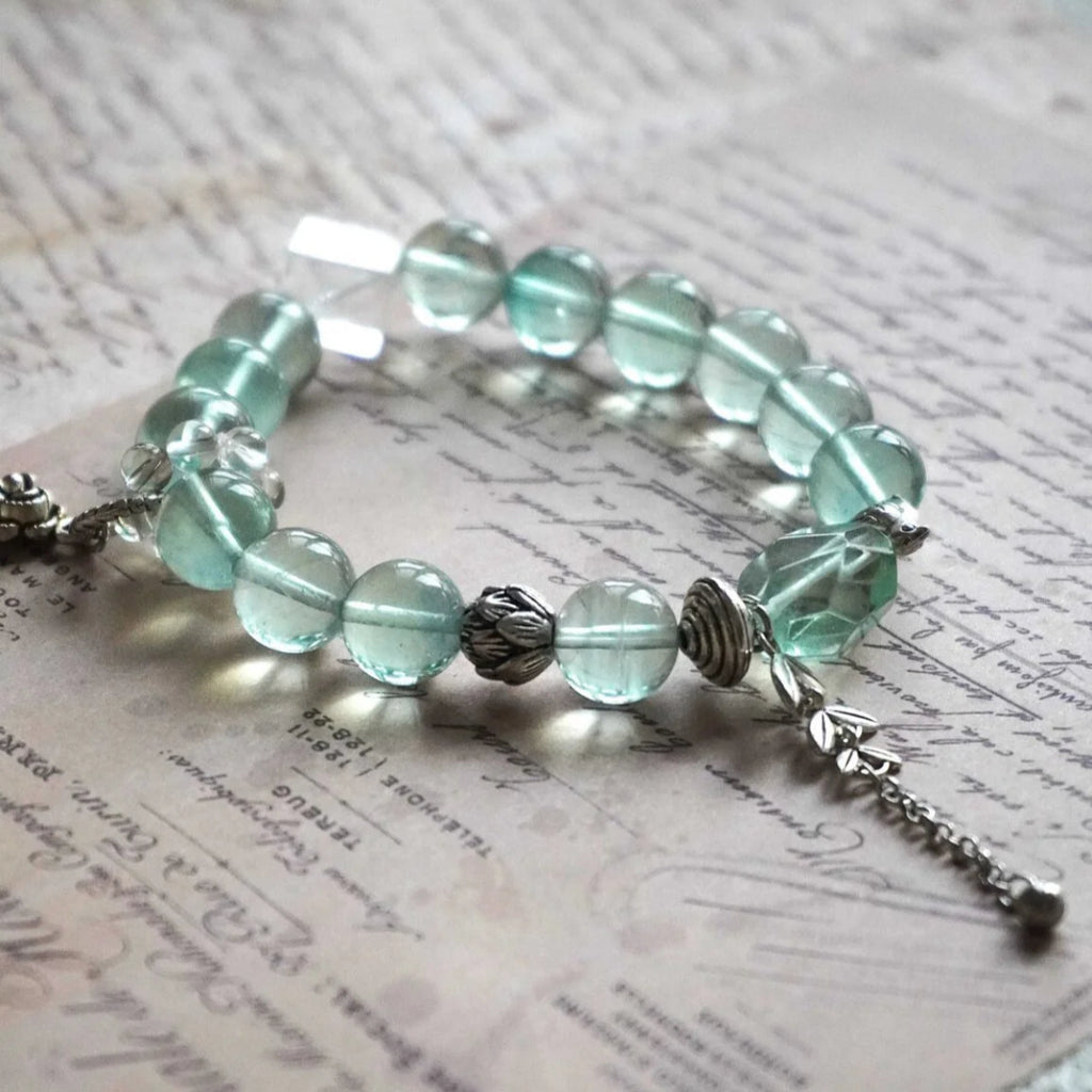Elegant Green Fluorite and White Crystal Bracelet with Silver Rose Charm