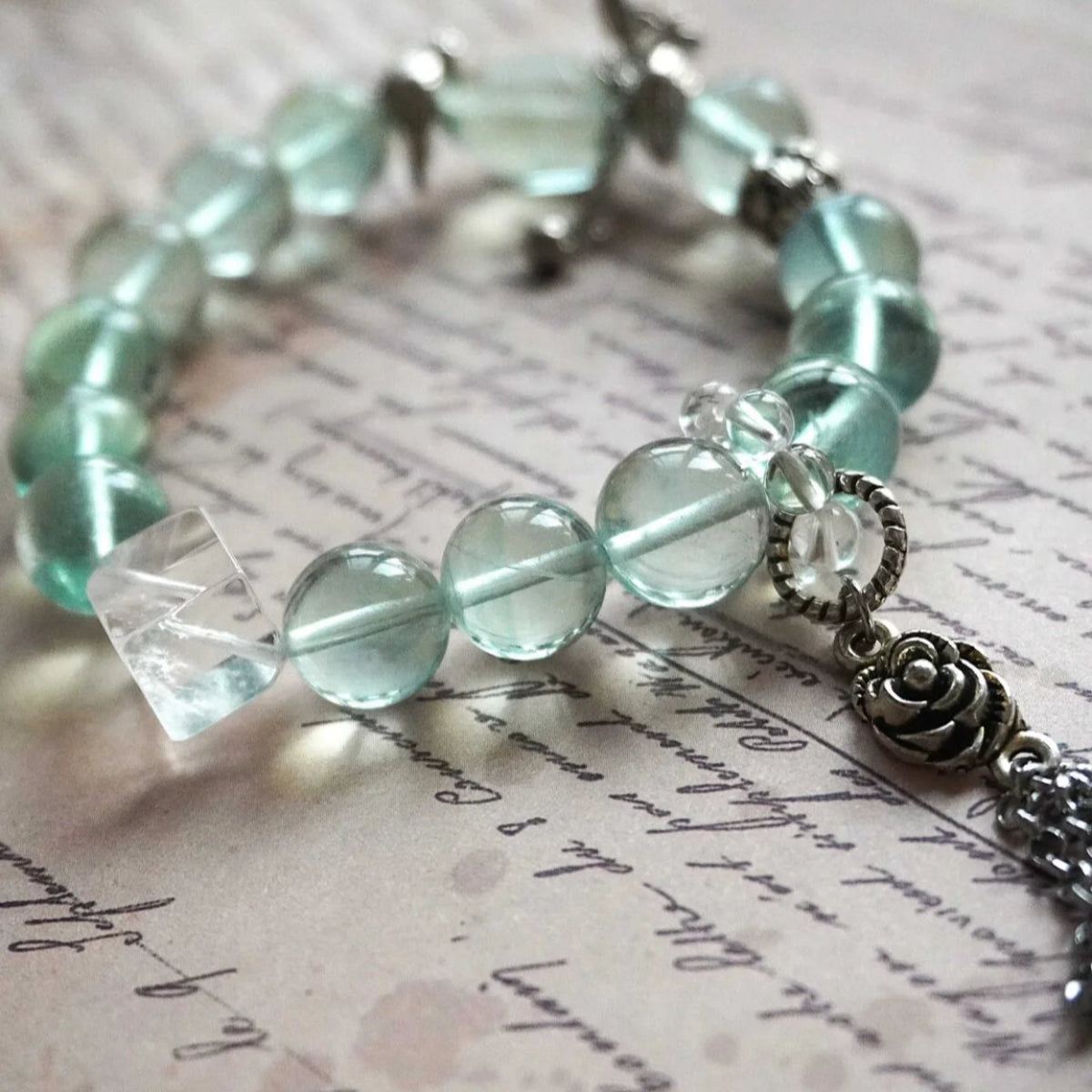 Elegant Green Fluorite and White Crystal Bracelet with Silver Rose Charm