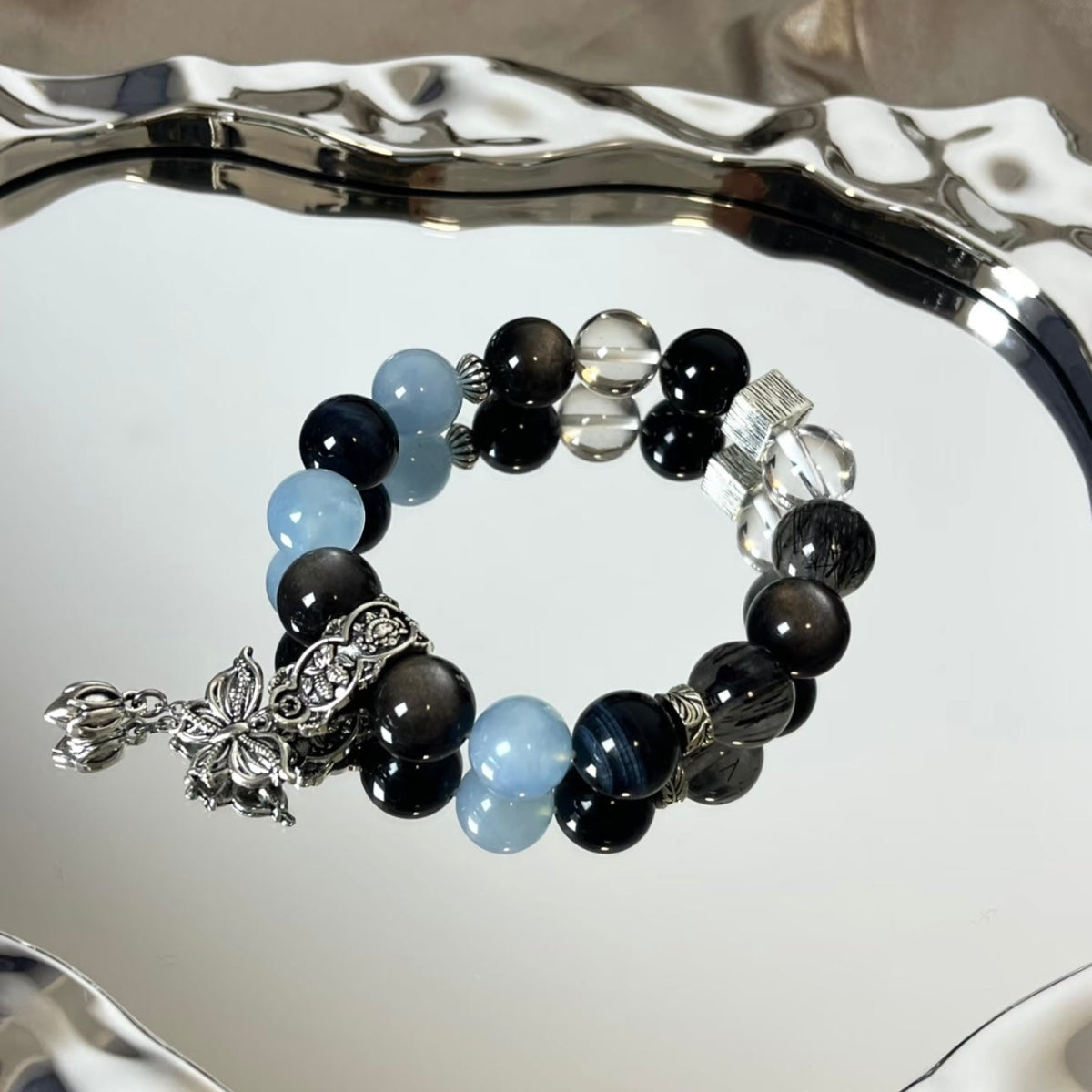 Obsidian & Aquamarine Bracelet | Protection & Calm Sea Energy
