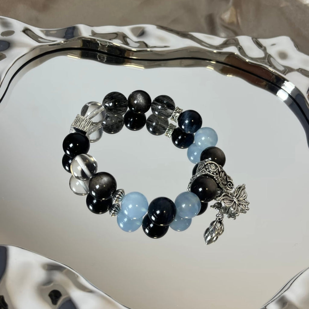 Obsidian & Aquamarine Bracelet | Protection & Calm Sea Energy