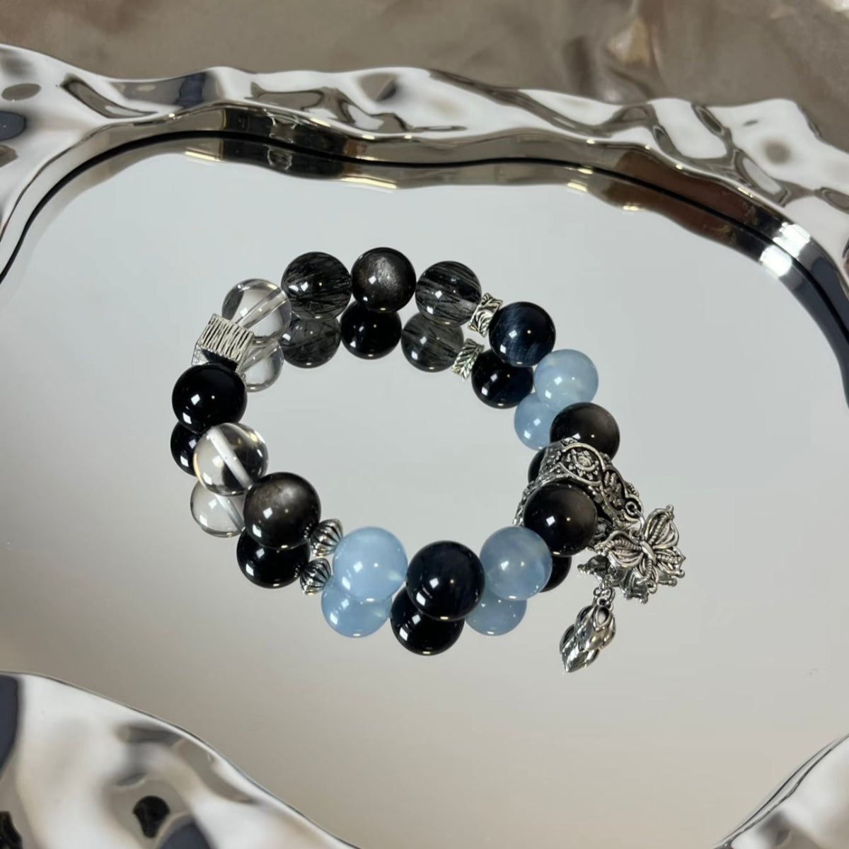 Obsidian & Aquamarine Bracelet | Protection & Calm Sea Energy