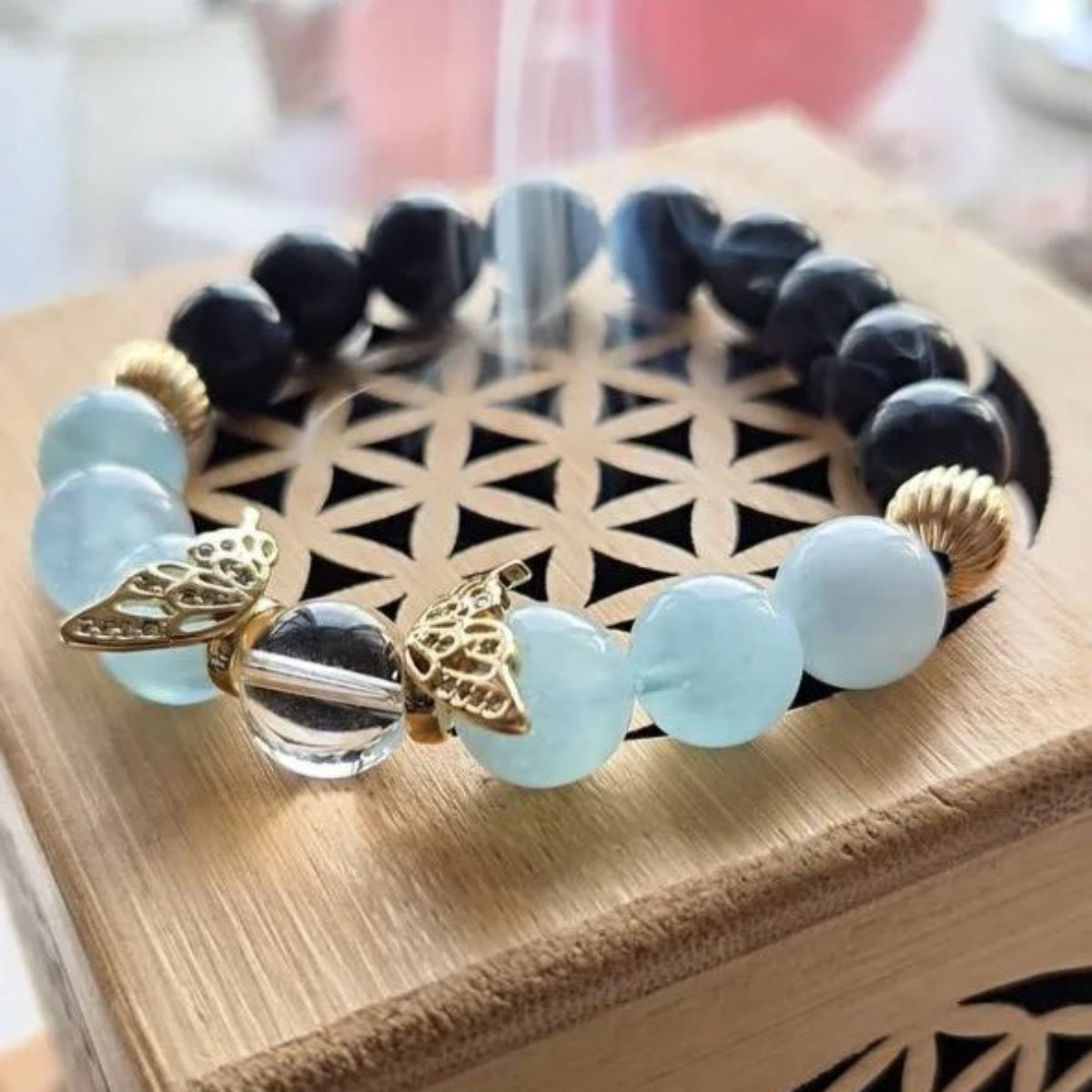 Heavenly Flight – Blue Tiger’s Eye & Aquamarine Bracelet with Golden Wing Accents