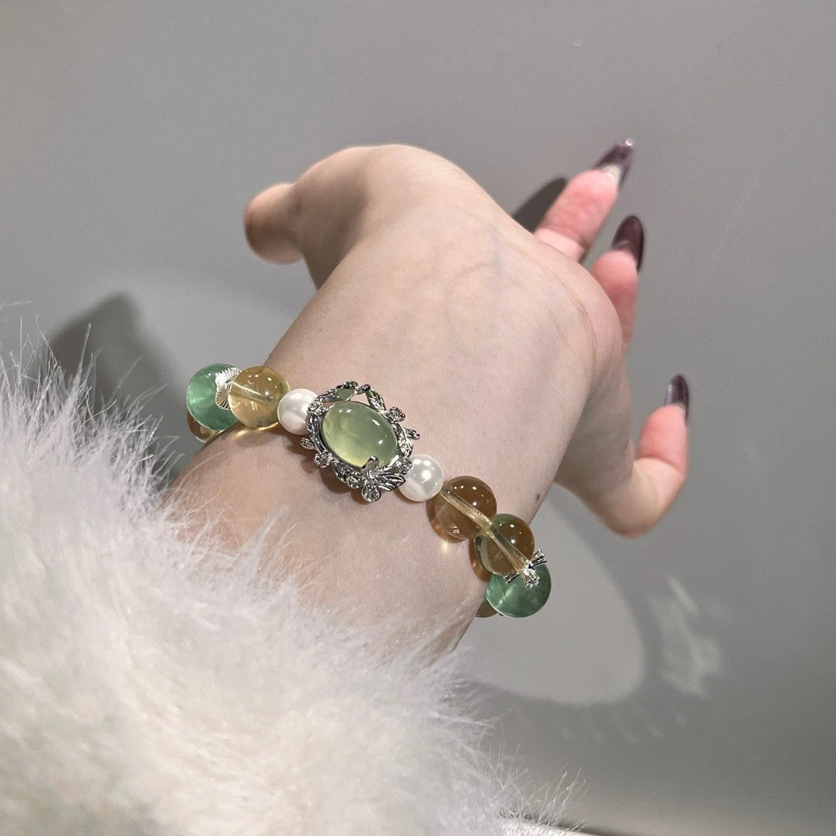 Citrus Mist – Lemon Citrine, Green Fluorite & Prehnite Box Bead Bracelet