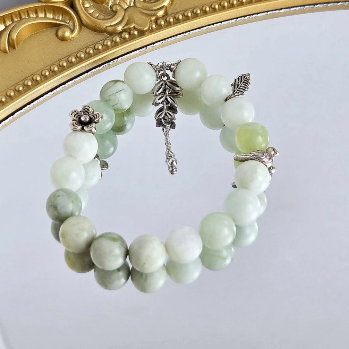Nature’s Serenity – Serpentine Jade Bracelet with Leaf Flower & Bird Charms