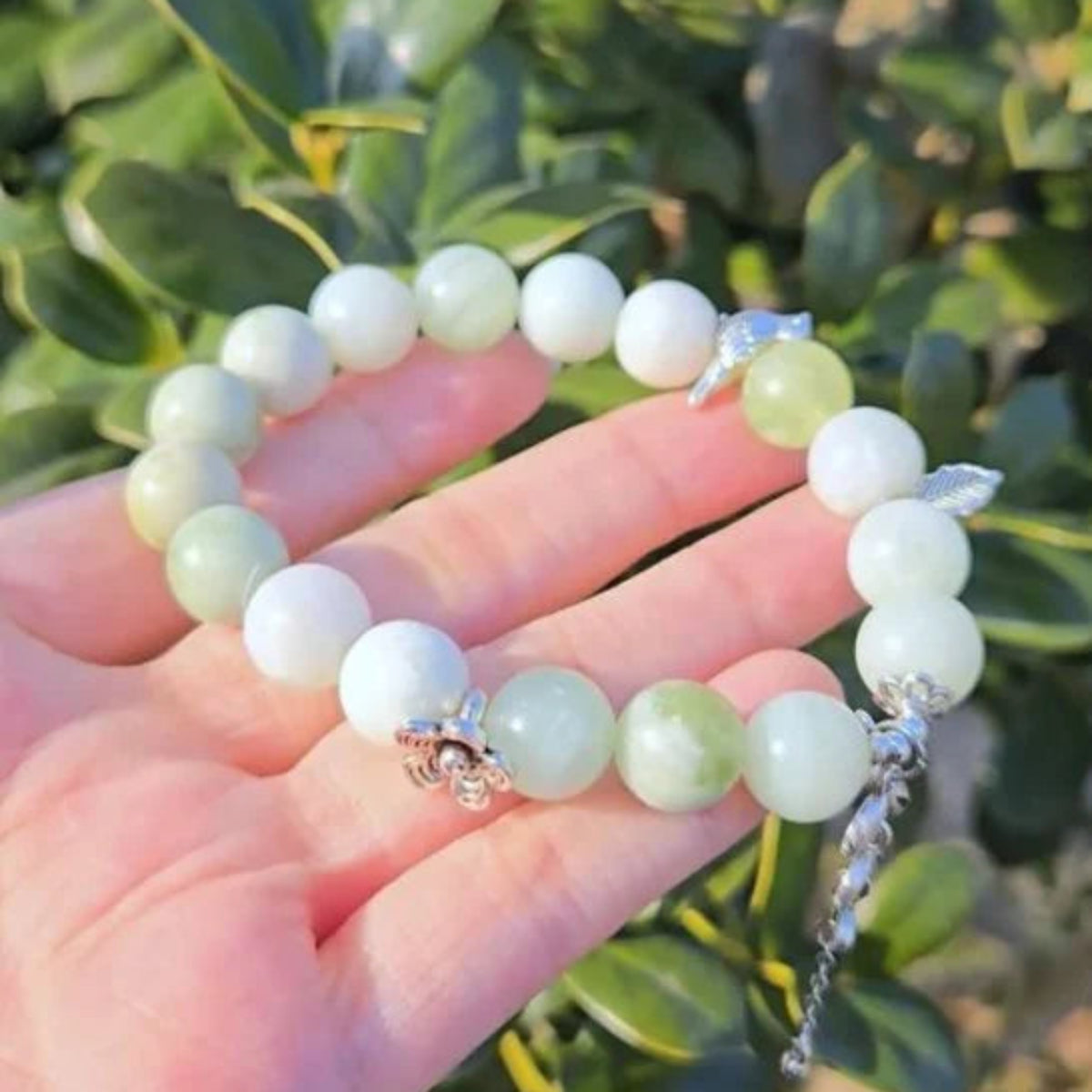 Nature’s Serenity – Serpentine Jade Bracelet with Leaf Flower & Bird Charms