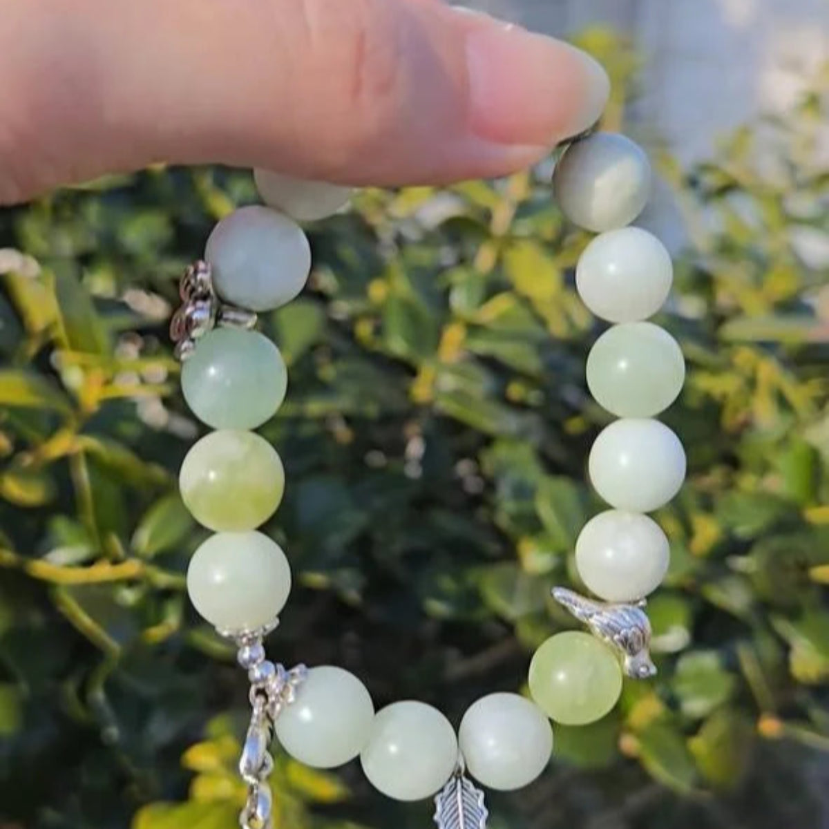 Nature’s Serenity – Serpentine Jade Bracelet with Leaf Flower & Bird Charms