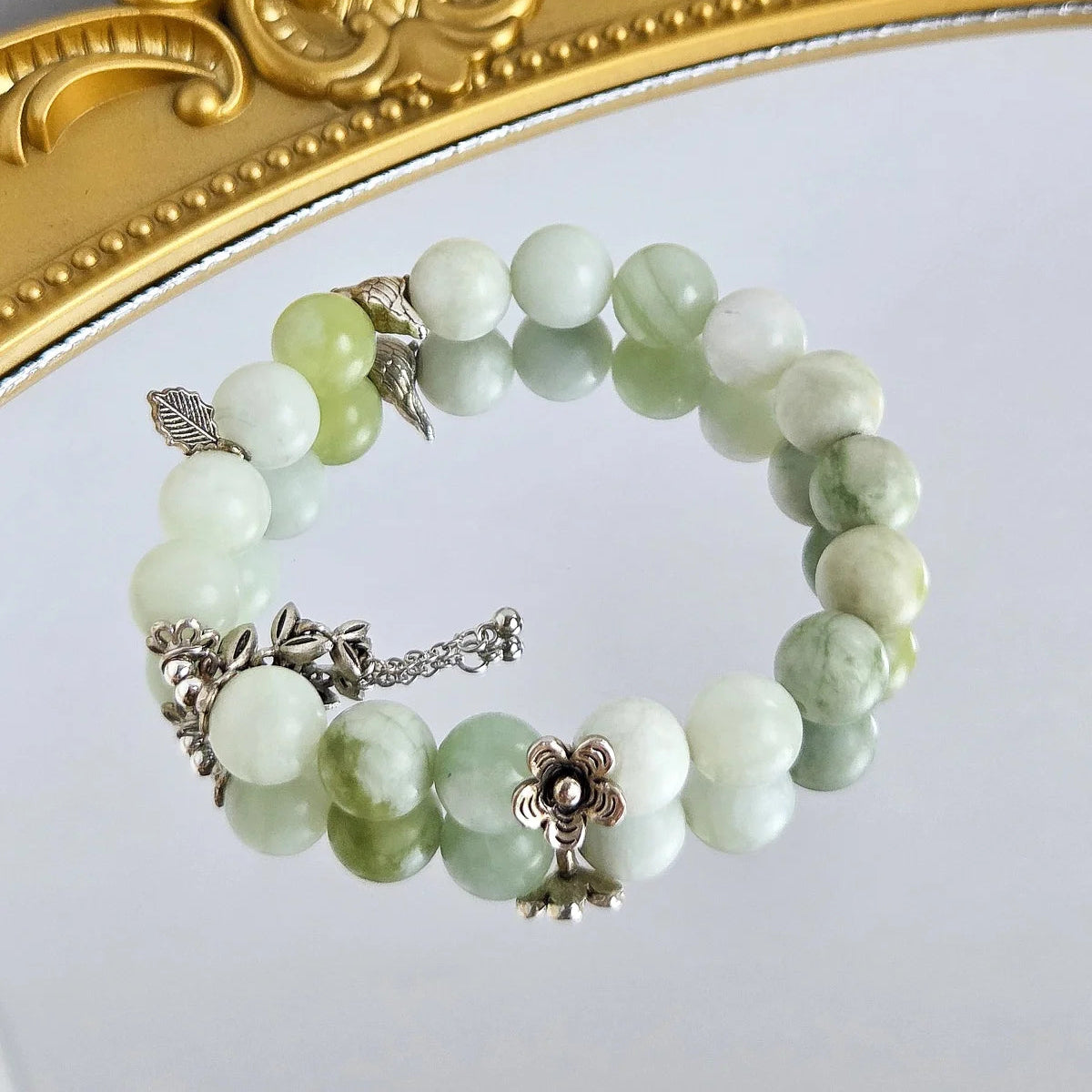 Nature’s Serenity – Serpentine Jade Bracelet with Leaf Flower & Bird Charms