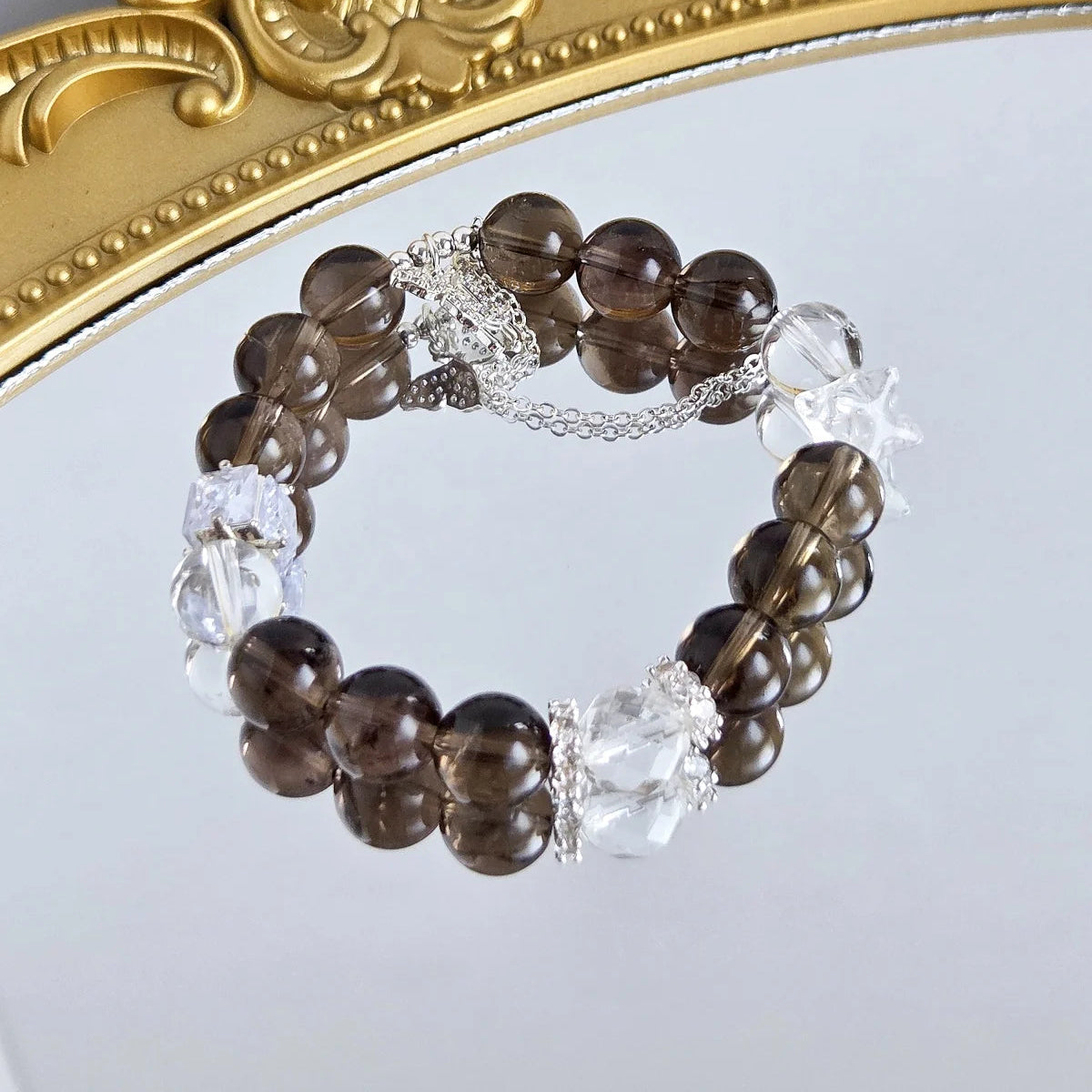 Ethereal Grace – Smoky Quartz & Clear Quartz Bracelet with Butterfly Charm