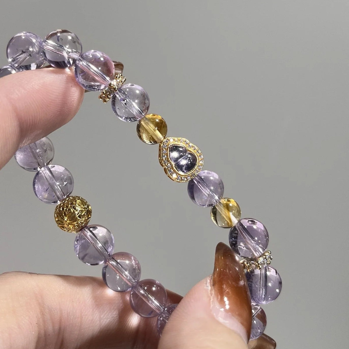 Golden Harmony – Bolivian Amethyst & Citrine Bracelet with Amethyst Gourd Charm