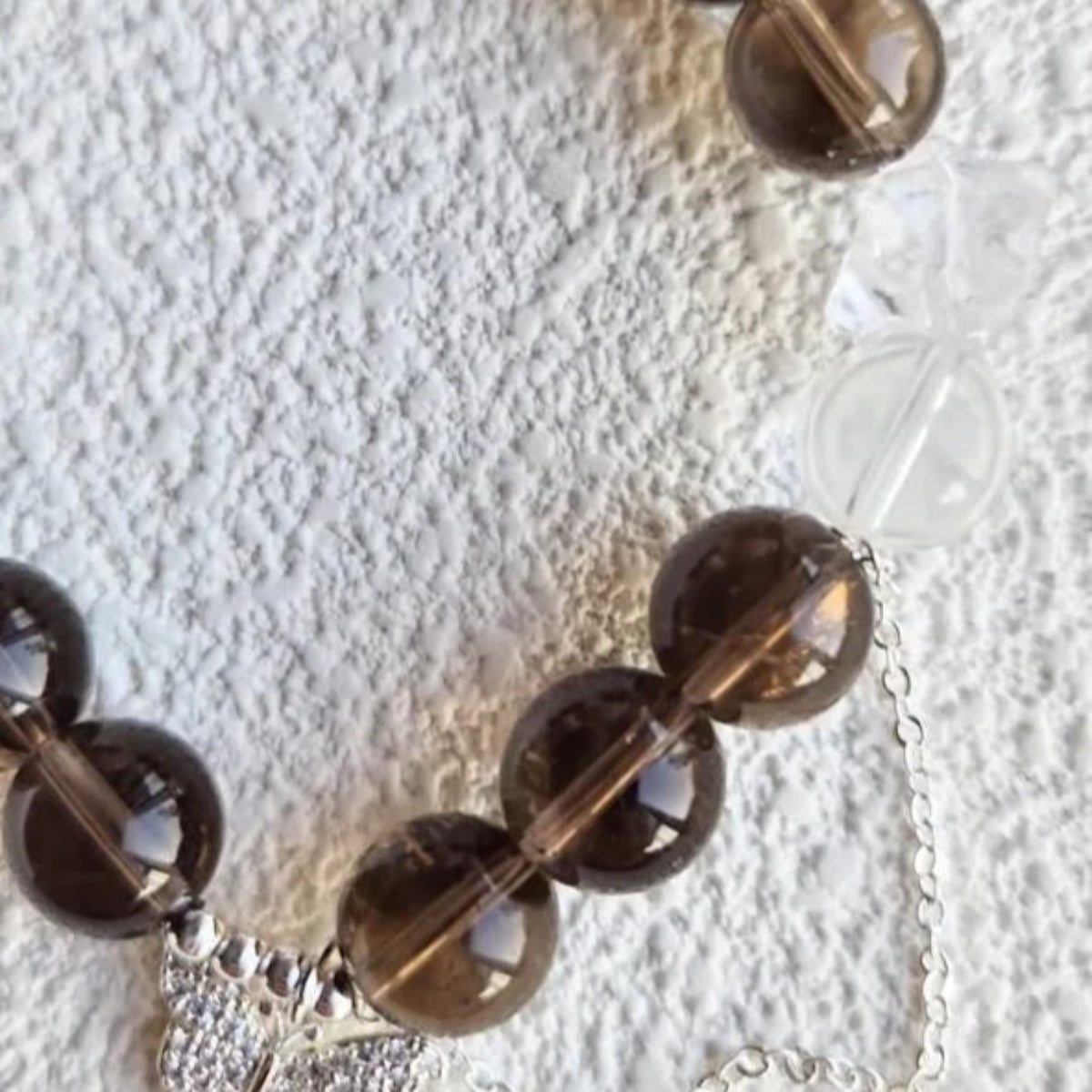 Ethereal Grace – Smoky Quartz & Clear Quartz Bracelet with Butterfly Charm