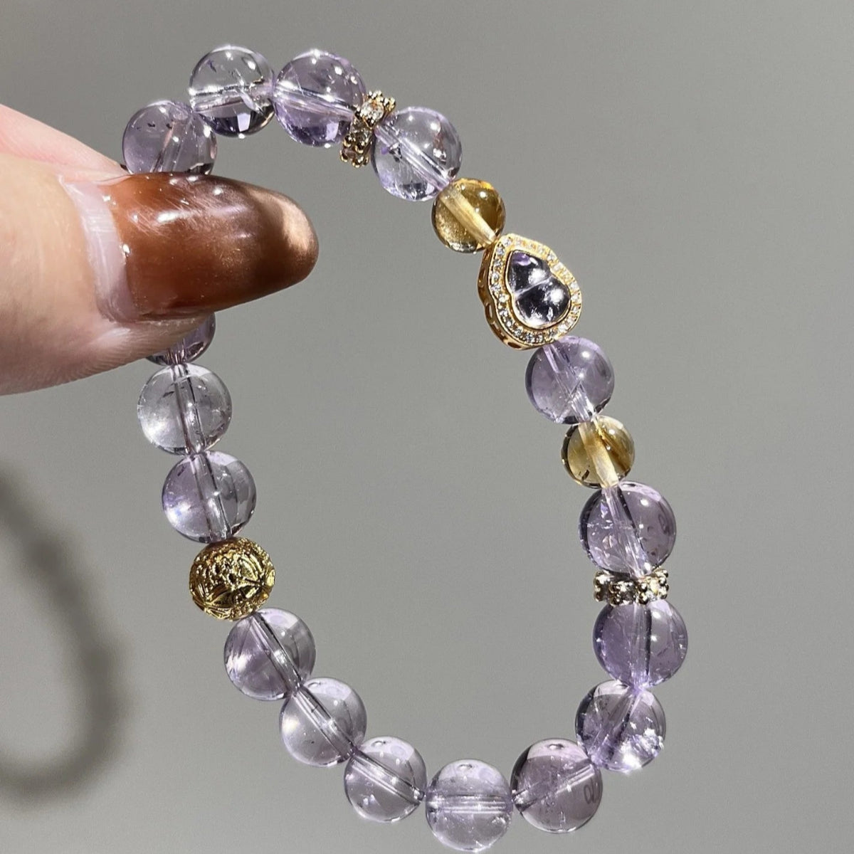 Golden Harmony – Bolivian Amethyst & Citrine Bracelet with Amethyst Gourd Charm