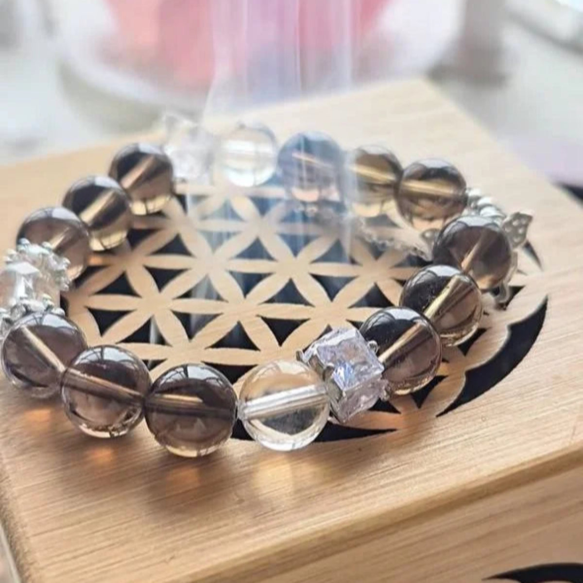 Ethereal Grace – Smoky Quartz & Clear Quartz Bracelet with Butterfly Charm