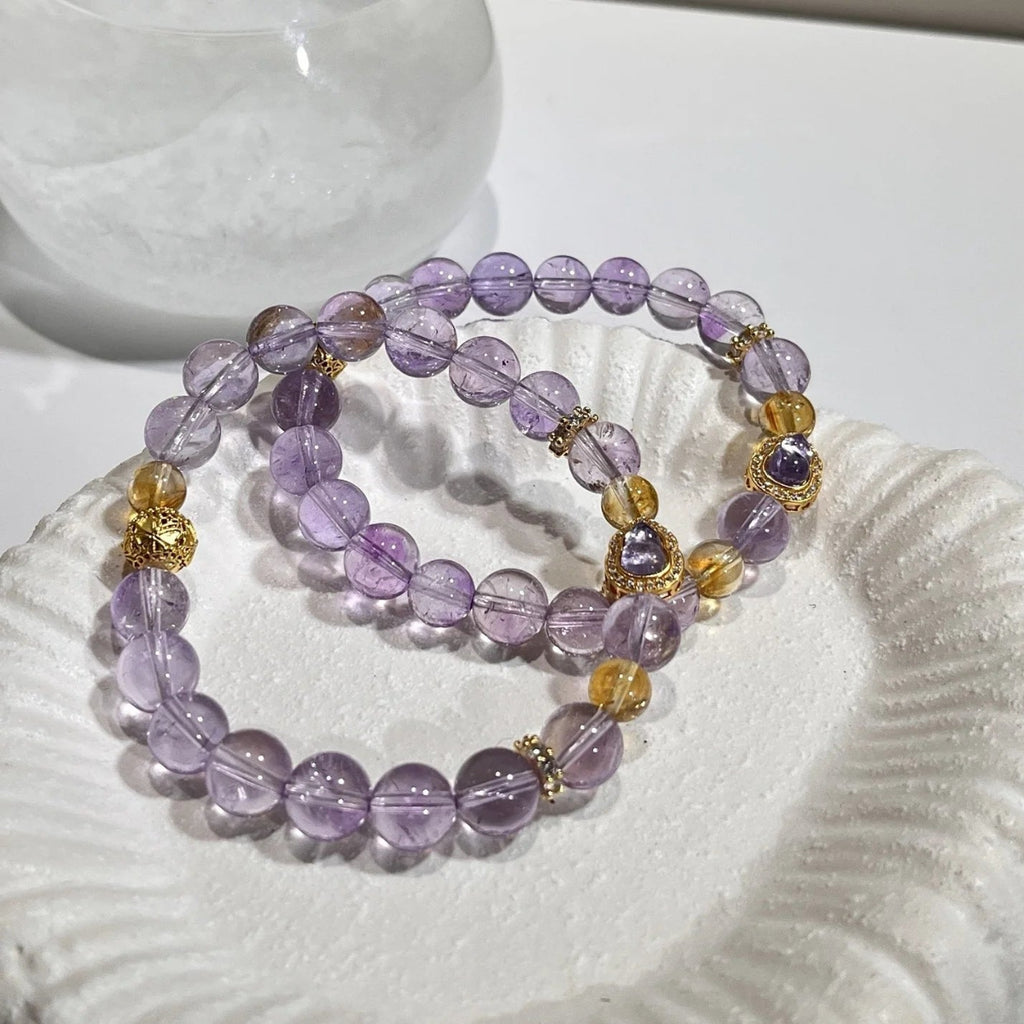 Golden Harmony – Bolivian Amethyst & Citrine Bracelet with Amethyst Gourd Charm