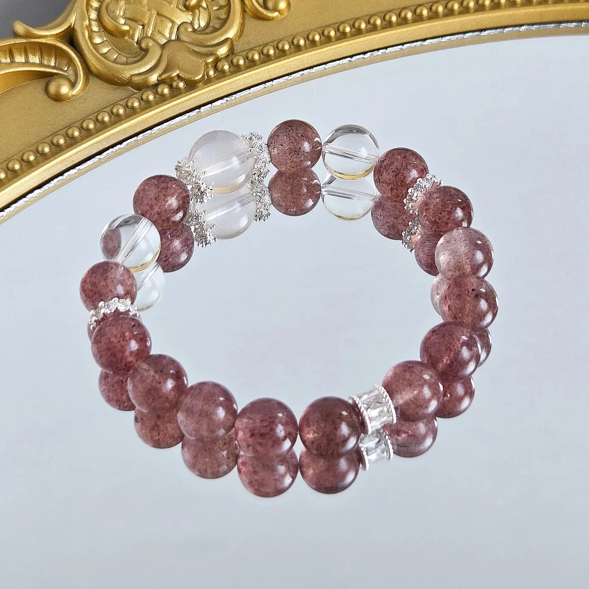 Ethereal Bliss – Strawberry Quartz Bracelet with Clear Quartz & Rose Quartz Accent