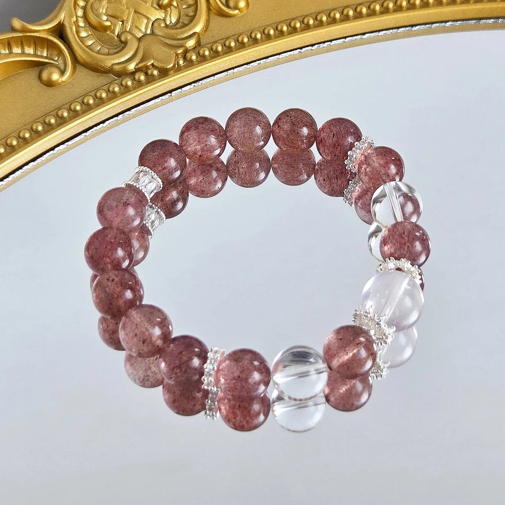 Ethereal Bliss – Strawberry Quartz Bracelet with Clear Quartz & Rose Quartz Accent