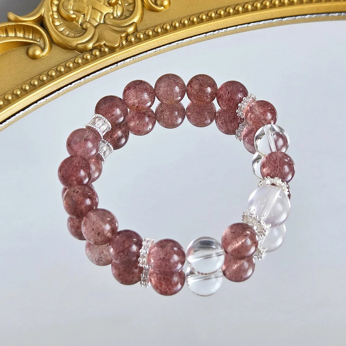 Ethereal Bliss – Strawberry Quartz Bracelet with Clear Quartz & Rose Quartz Accent
