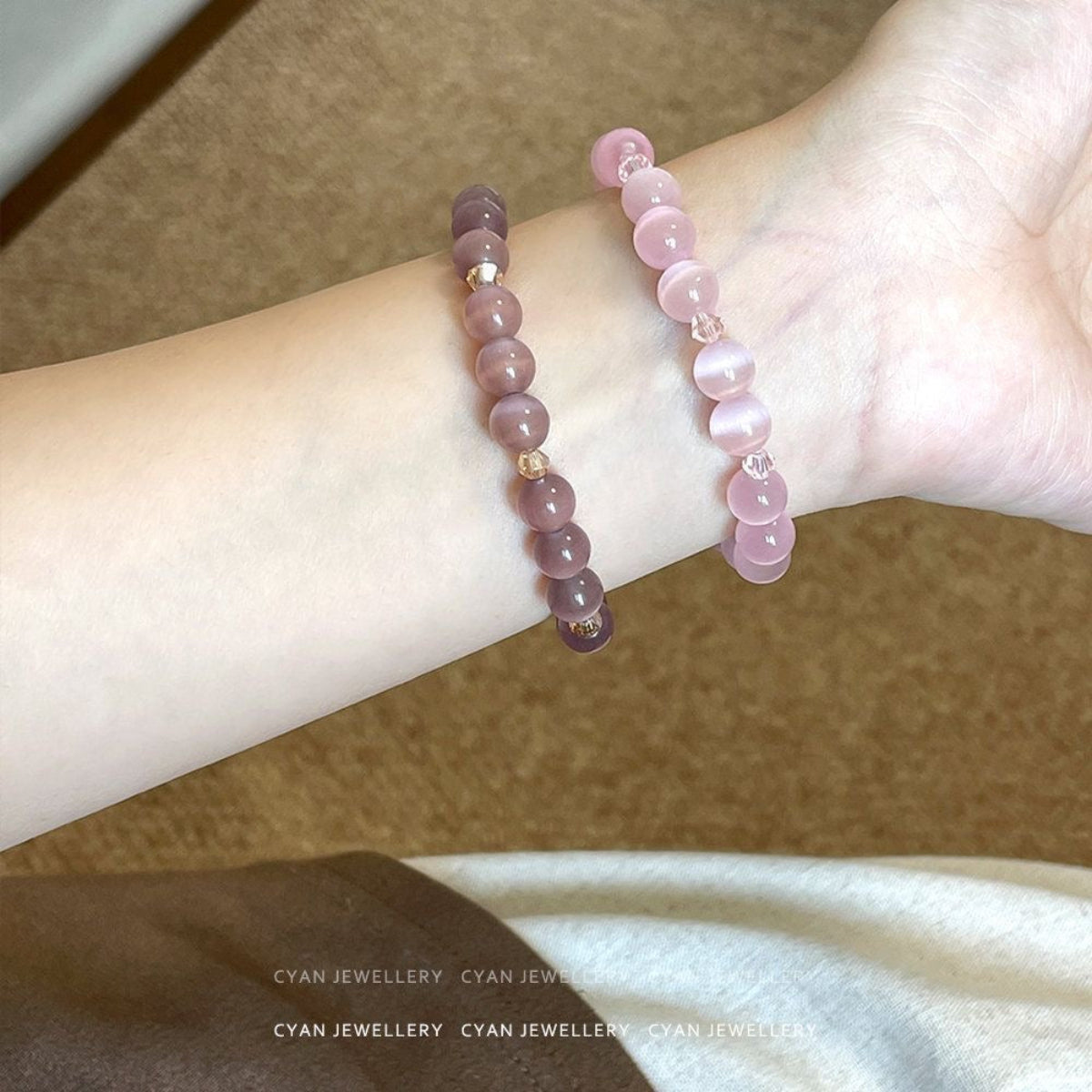 Pink Blossom – Natural Pink Cat’s Eye Gemstone Bracelet (Ice Type)