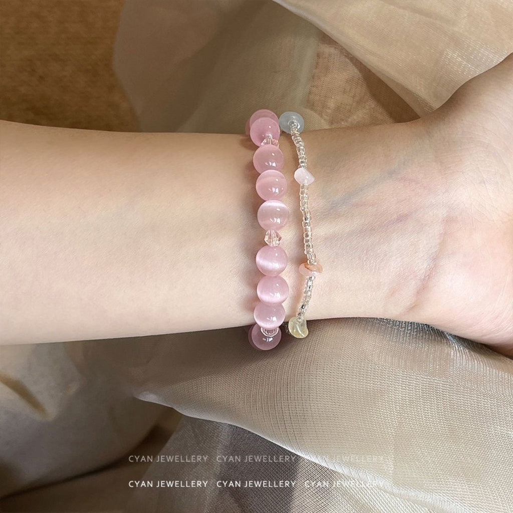 Pink Blossom – Natural Pink Cat’s Eye Gemstone Bracelet (Ice Type)
