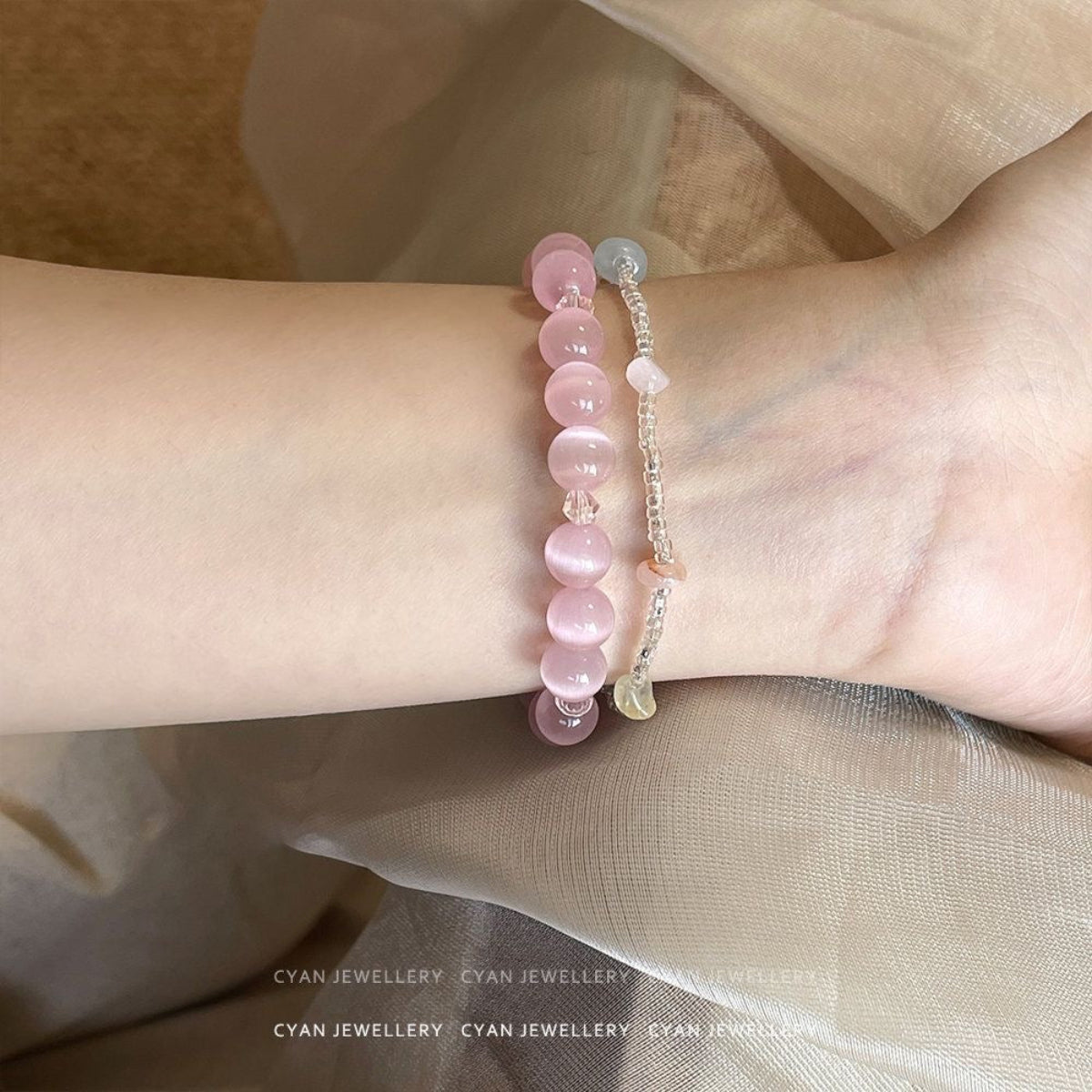 Pink Blossom – Natural Pink Cat’s Eye Gemstone Bracelet (Ice Type)