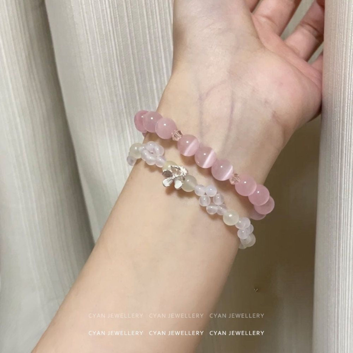 Pink Blossom – Natural Pink Cat’s Eye Gemstone Bracelet (Ice Type)