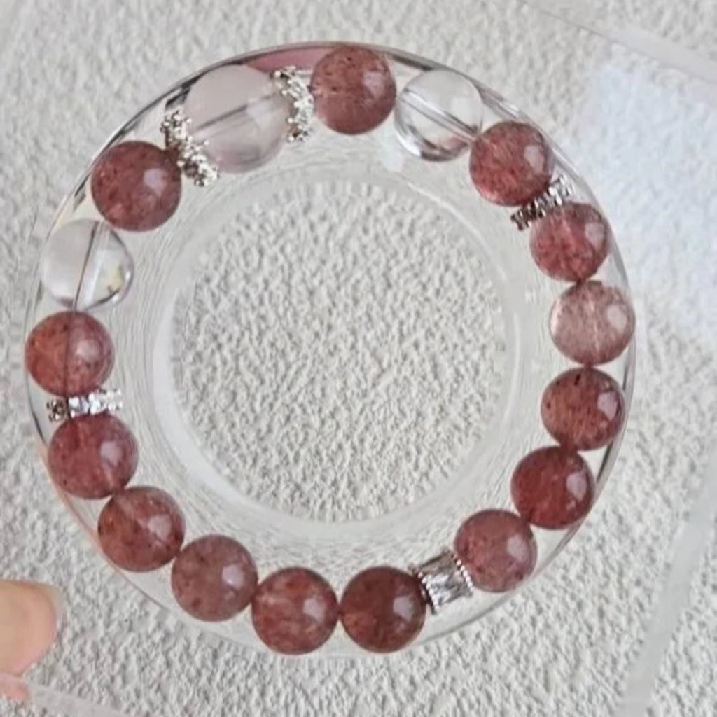 Ethereal Bliss – Strawberry Quartz Bracelet with Clear Quartz & Rose Quartz Accent