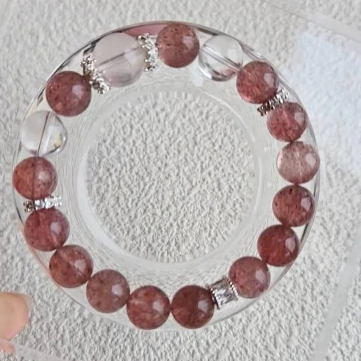 Ethereal Bliss – Strawberry Quartz Bracelet with Clear Quartz & Rose Quartz Accent