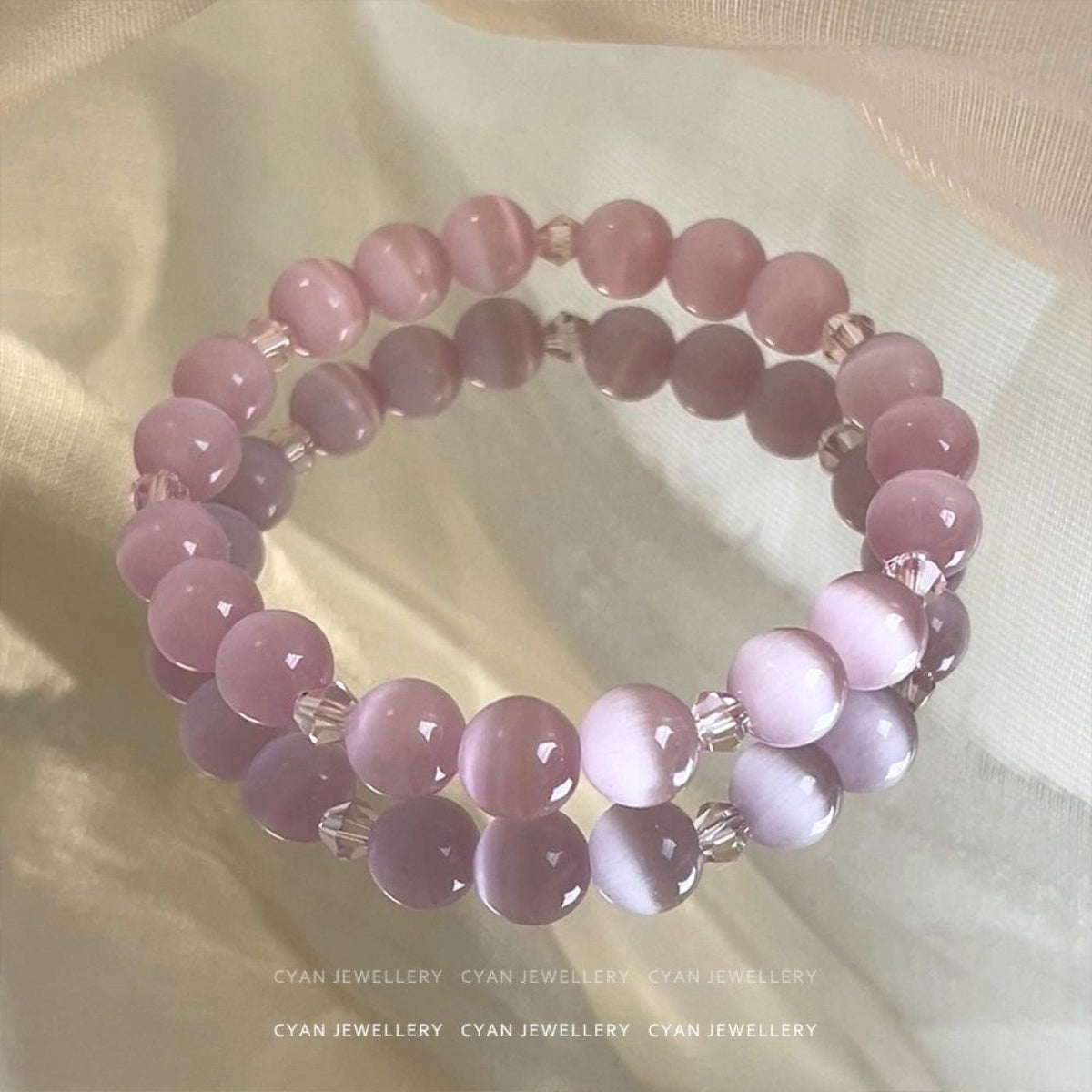 Pink Blossom – Natural Pink Cat’s Eye Gemstone Bracelet (Ice Type)