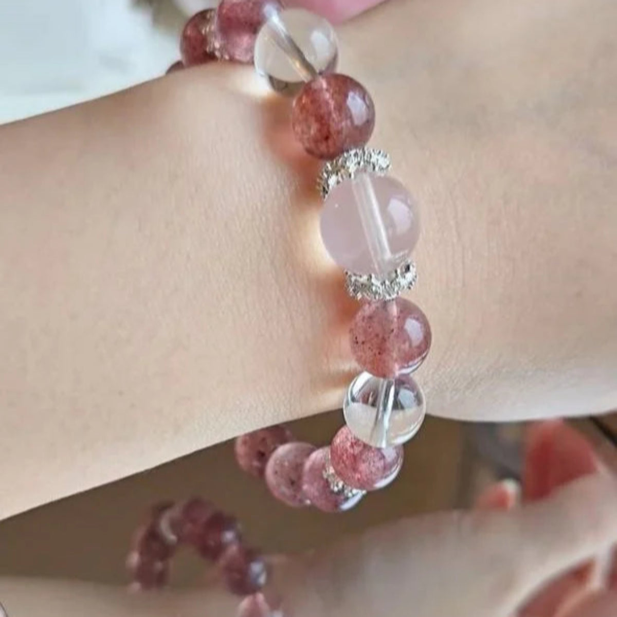Ethereal Bliss – Strawberry Quartz Bracelet with Clear Quartz & Rose Quartz Accent