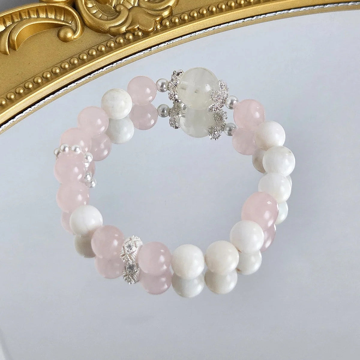 Frosted Blossom – Snowflake Phantom Quartz and Rose Quartz Bracelet