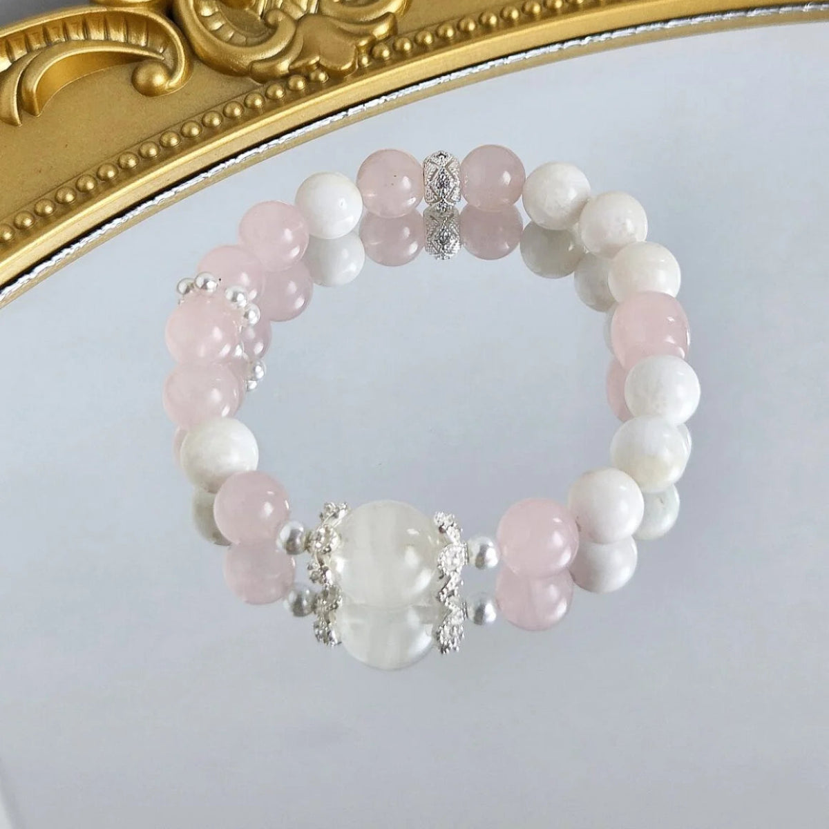 Frosted Blossom – Snowflake Phantom Quartz and Rose Quartz Bracelet