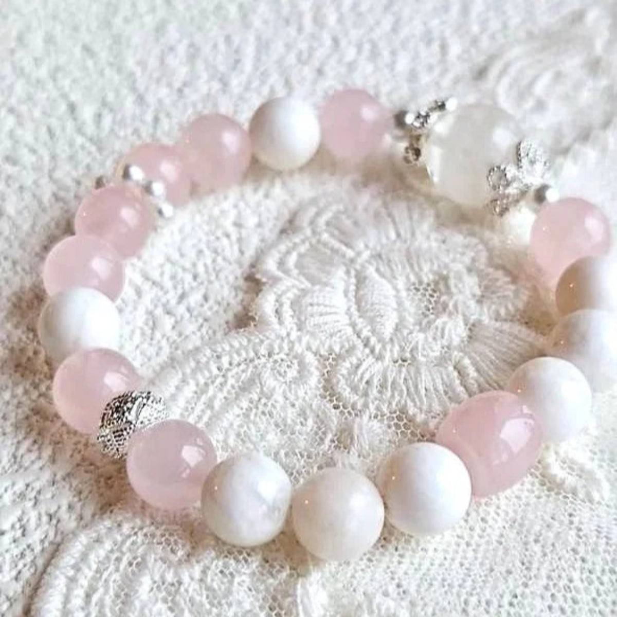 Frosted Blossom – Snowflake Phantom Quartz and Rose Quartz Bracelet