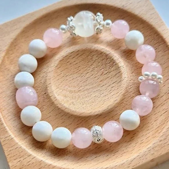 Frosted Blossom – Snowflake Phantom Quartz and Rose Quartz Bracelet