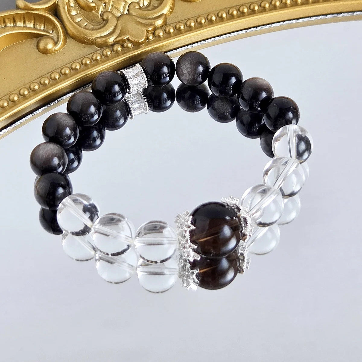 Timeless Balance – Clear Quartz, Smoky Quartz & Silver Sheen Obsidian Bracelet