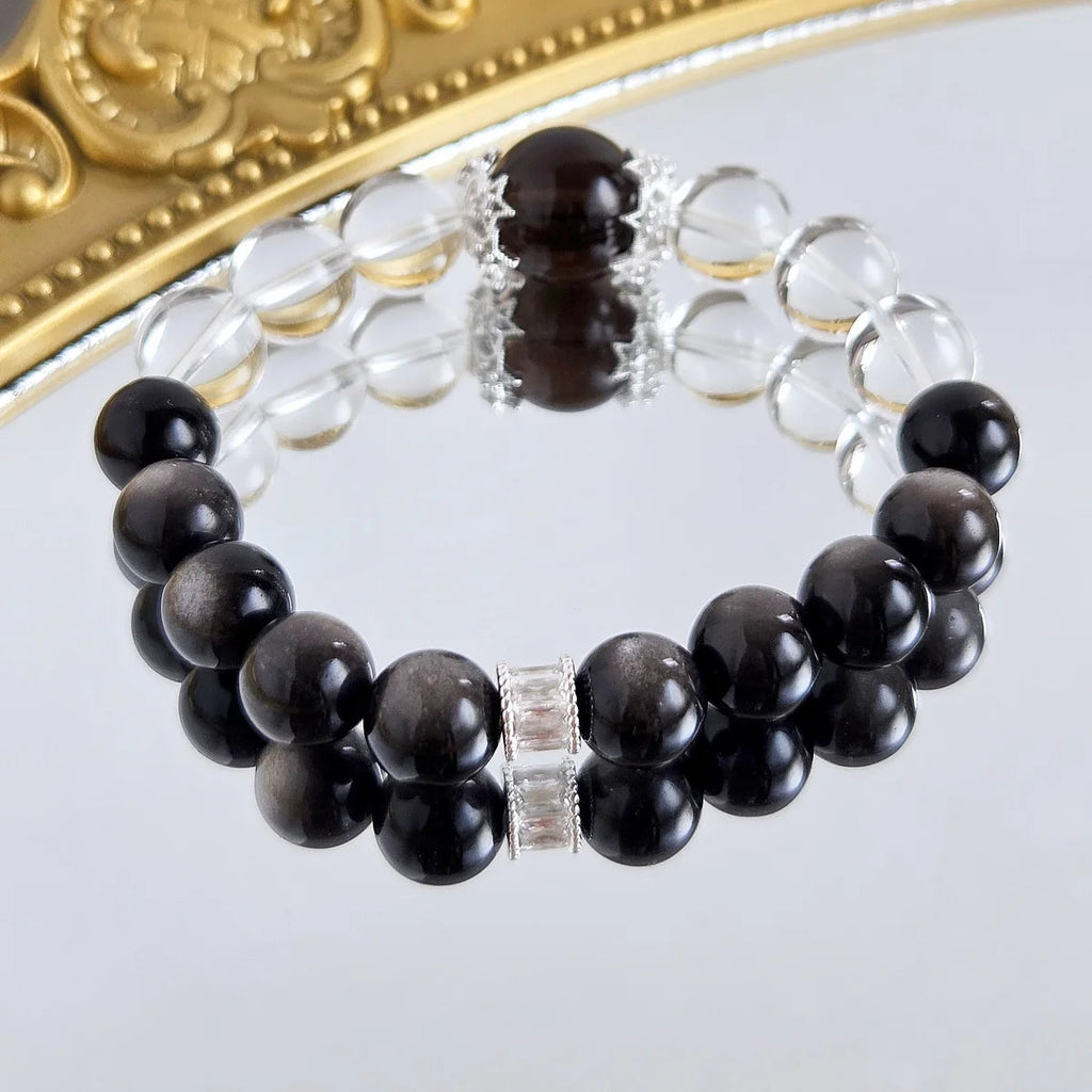 Timeless Balance – Clear Quartz, Smoky Quartz & Silver Sheen Obsidian Bracelet
