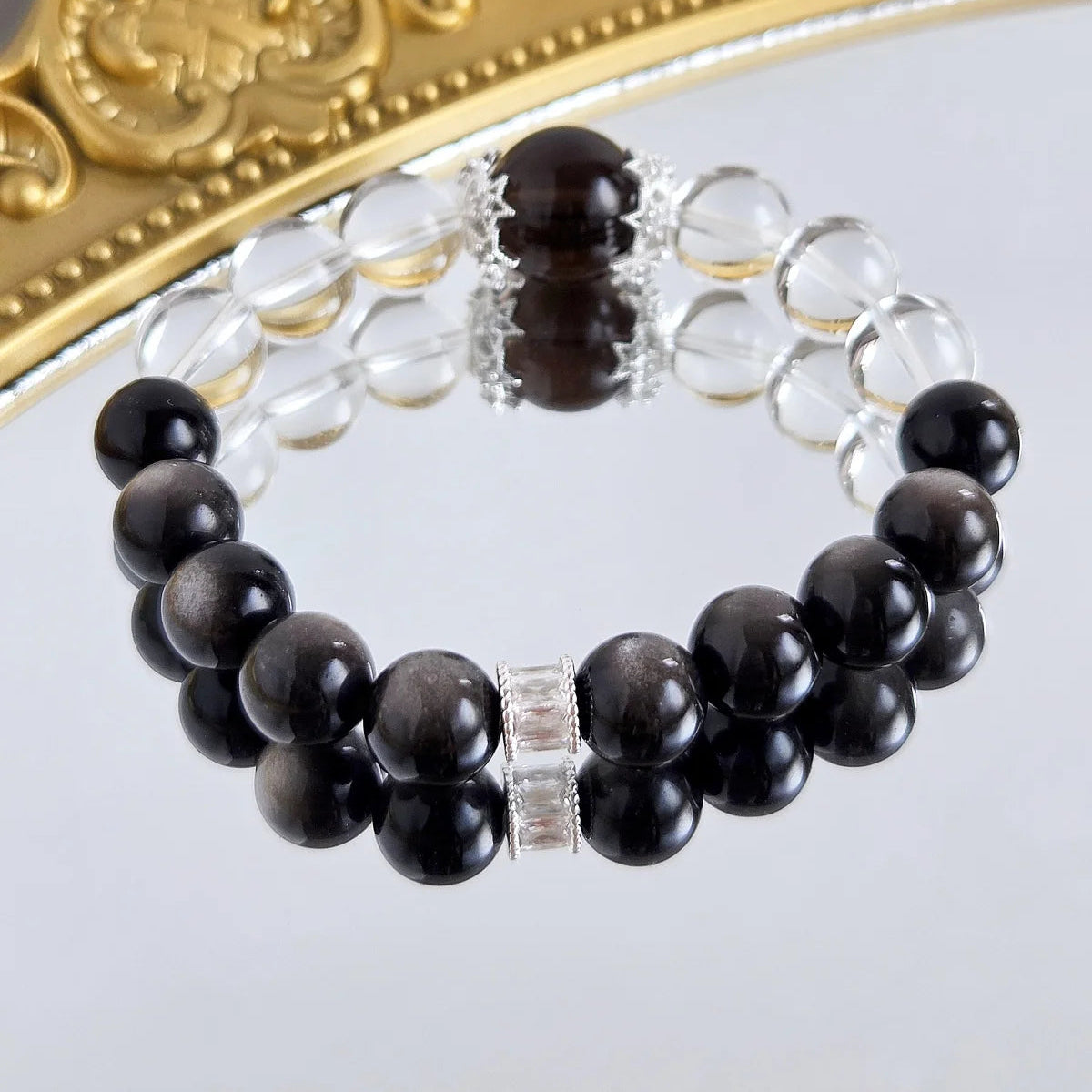 Timeless Balance – Clear Quartz, Smoky Quartz & Silver Sheen Obsidian Bracelet