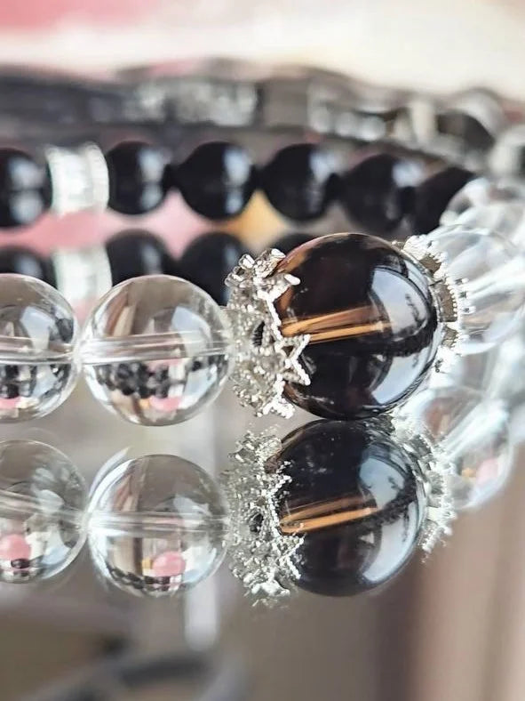 Timeless Balance – Clear Quartz, Smoky Quartz & Silver Sheen Obsidian Bracelet