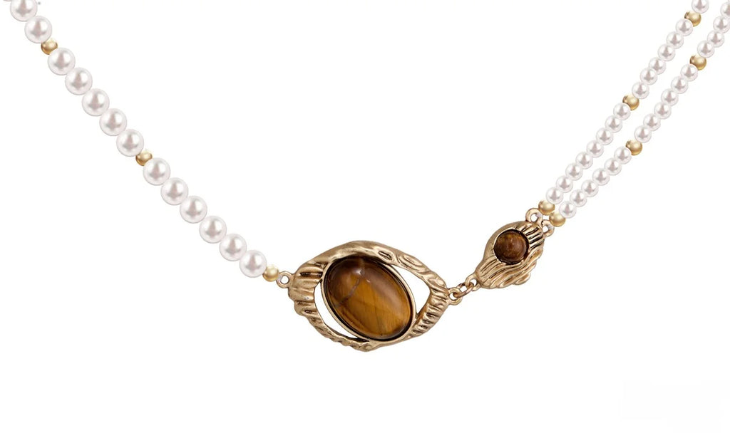 Desert Glow – Tiger’s Eye & Pearl Choker Necklace with Adjustable Chain