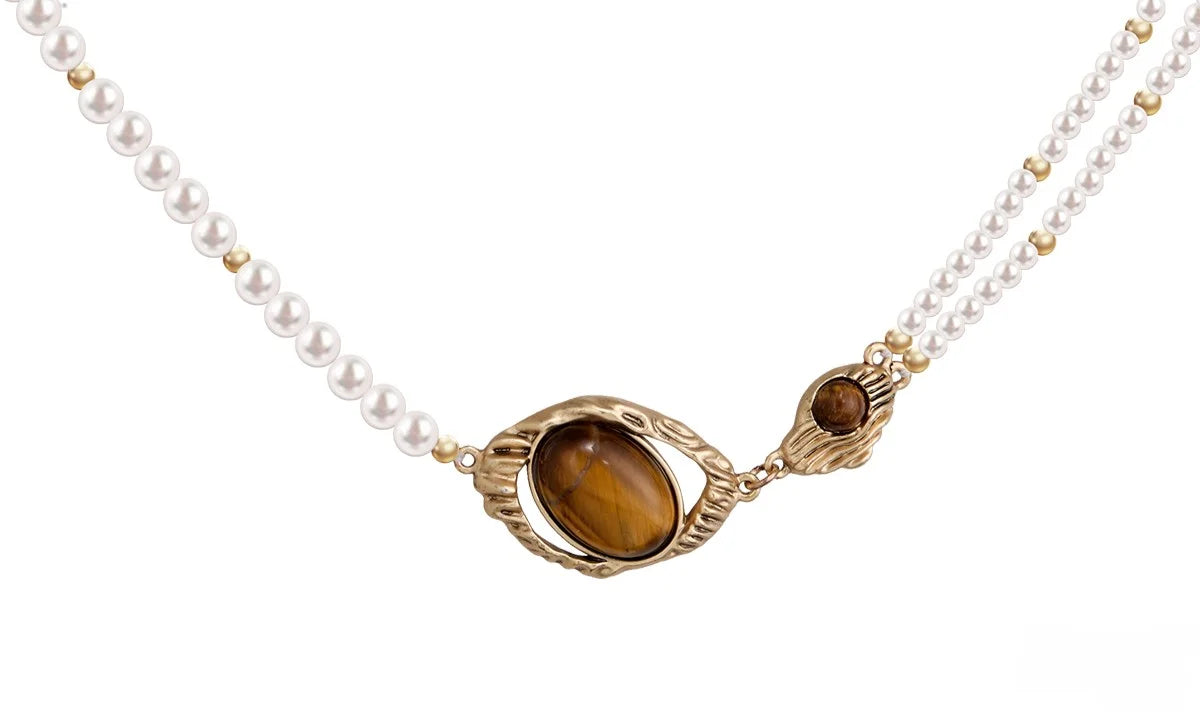 Desert Glow – Tiger’s Eye & Pearl Choker Necklace with Adjustable Chain