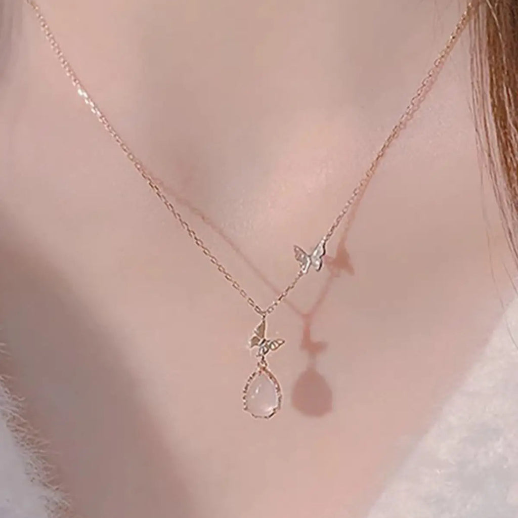 Fairy Grace – Adjustable Rose Quartz Necklace with Dancing Butterflies