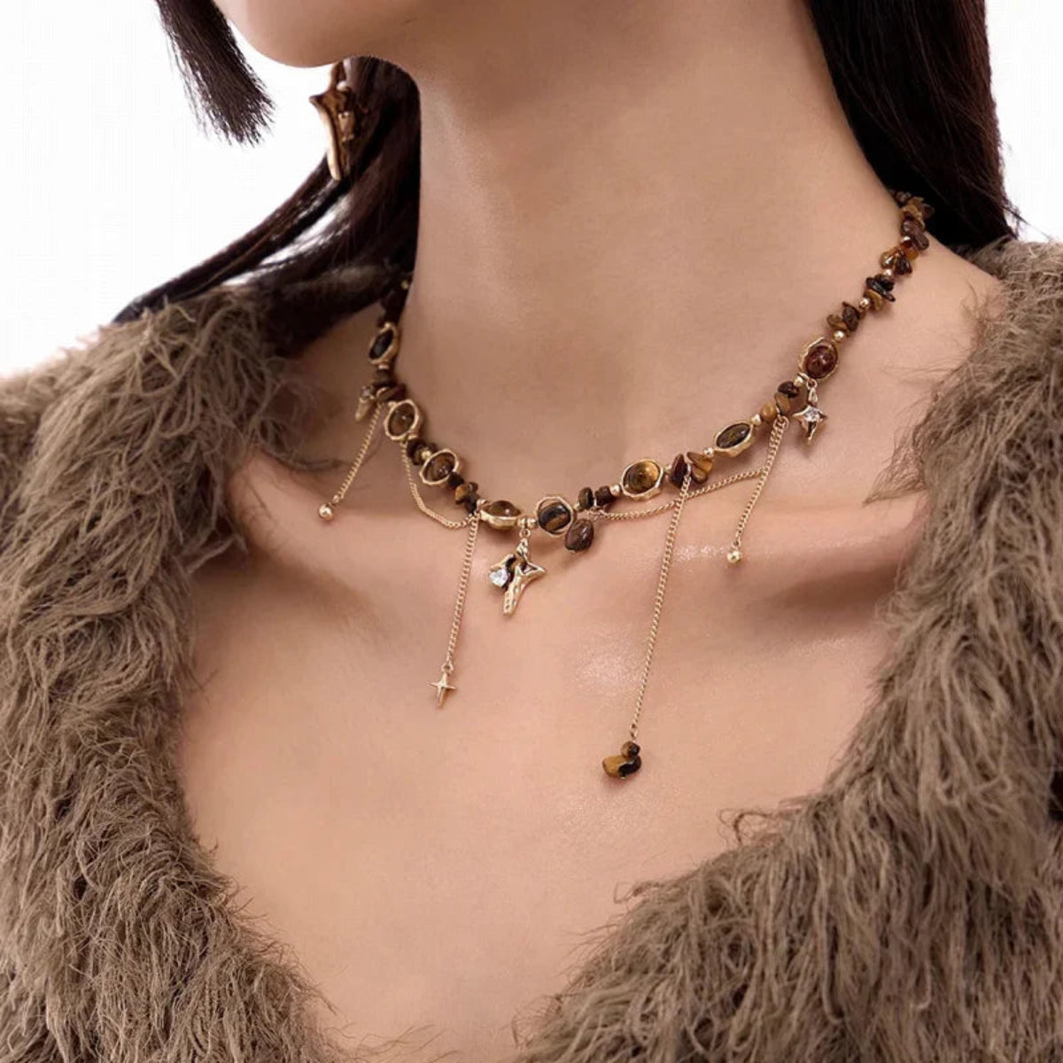 Guardian Star – Tiger’s Eye & Zircon Pentagram Necklace for Strength & Protection
